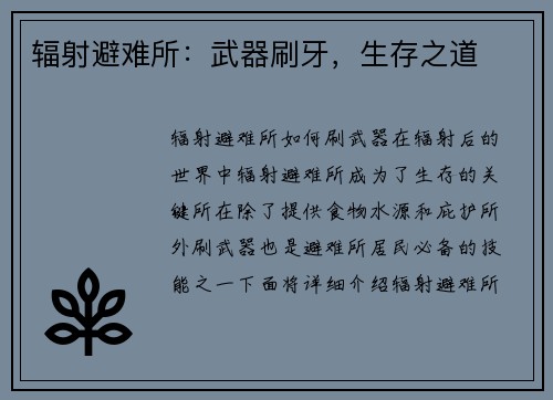 辐射避难所：武器刷牙，生存之道